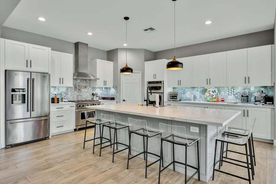 Interior, Kitchen, Pendant Lights, Recessed Lighting, Stainless Steel Appliances, Wood Texture Flooring