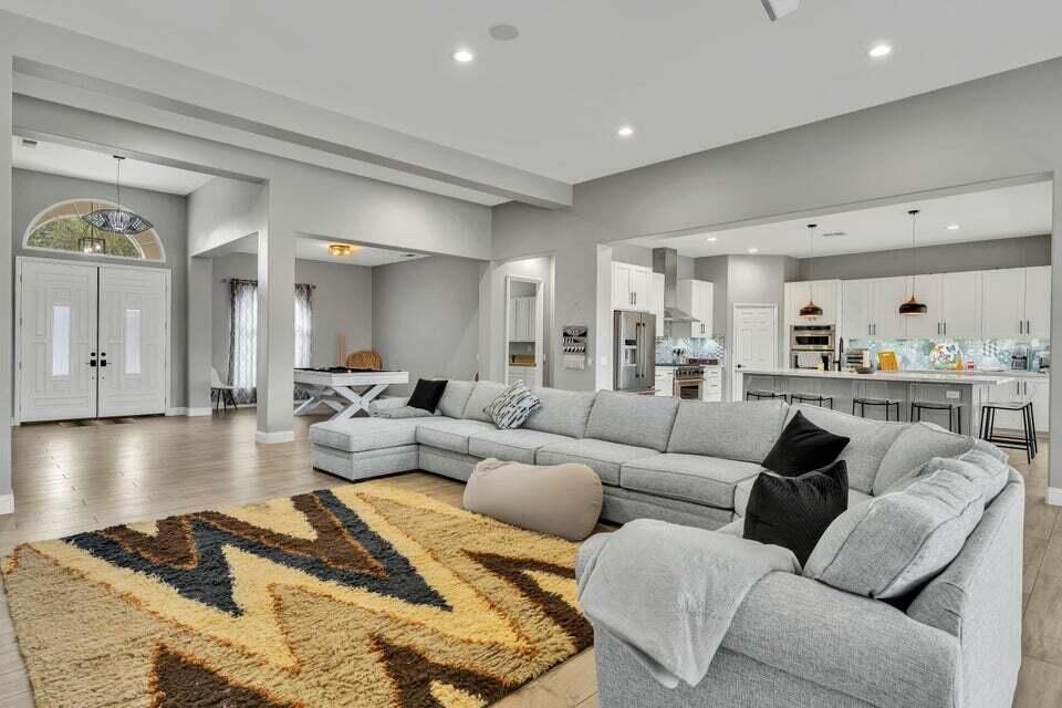 Interior, Kitchen, Living room, Pendant Lights, Recessed Lighting, Stainless Steel Appliances, Wood Texture Flooring
