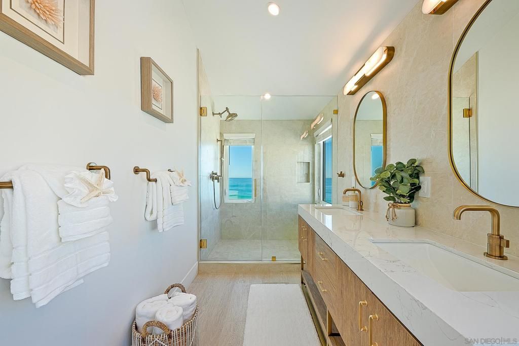 Bathroom, Dual Sink Vanities, Glass Shower, Interior, Recessed Lighting, Water, Wood Texture Flooring