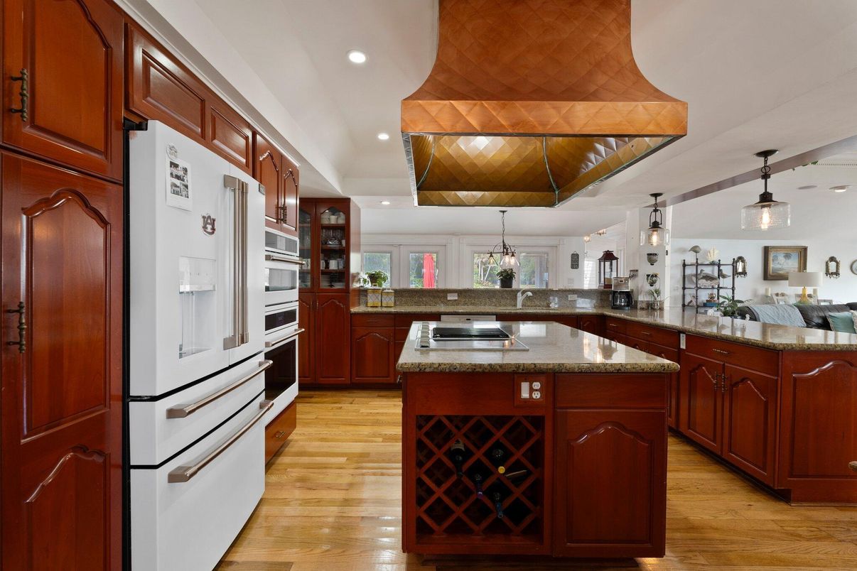 Interior, Kitchen, Pendant Lights, Recessed Lighting, Stainless Steel Appliances, Wooden Ceilings, Wood Texture Flooring
