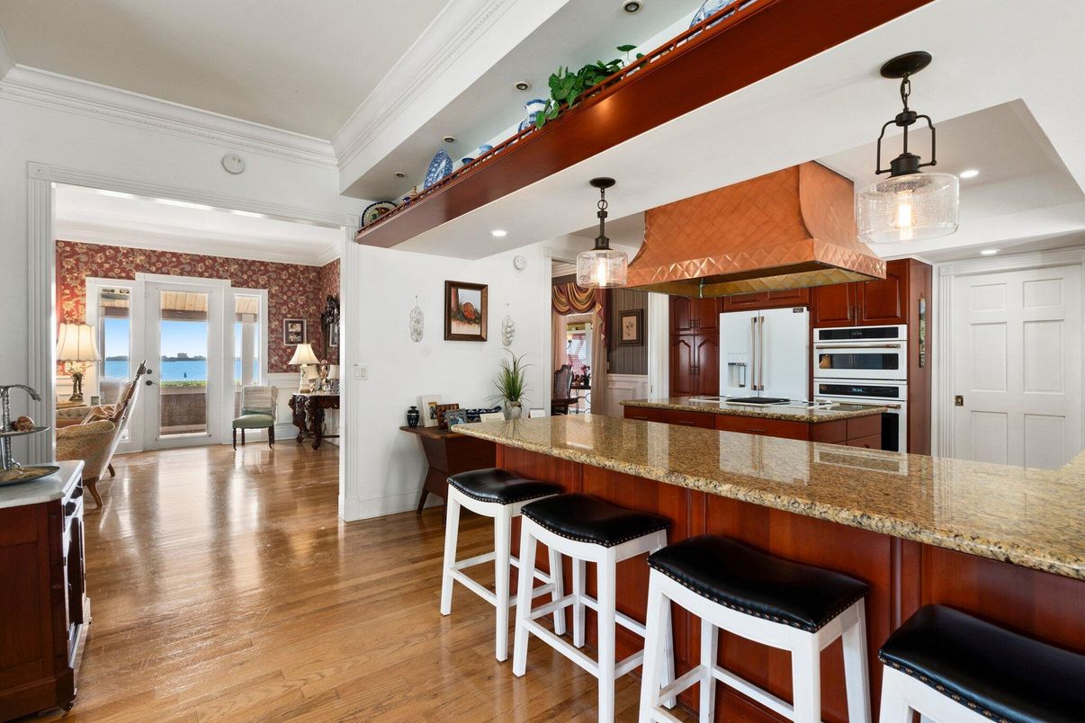 Interior, Kitchen, Pendant Lights, Recessed Lighting, Stainless Steel Appliances, Water, Wood Texture Flooring