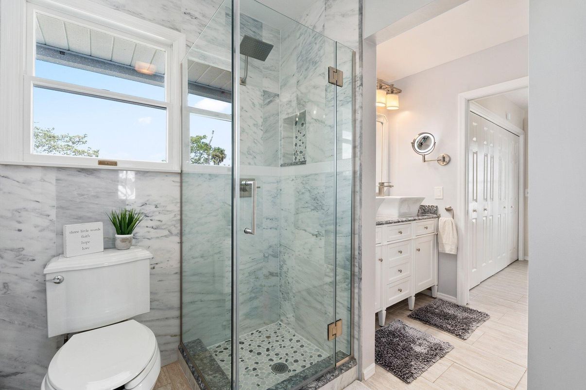 Bathroom, Glass Shower, Interior, Marble Walls, Wood Texture Flooring