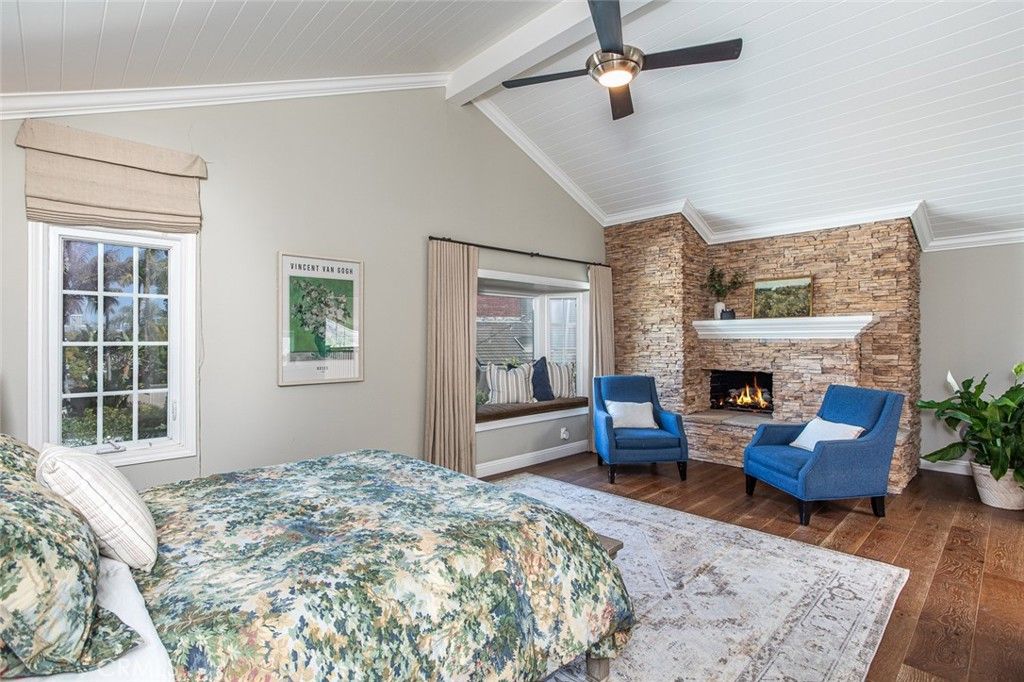 Bedroom, Fireplace, Interior, Stone Walls, Wood Texture Flooring