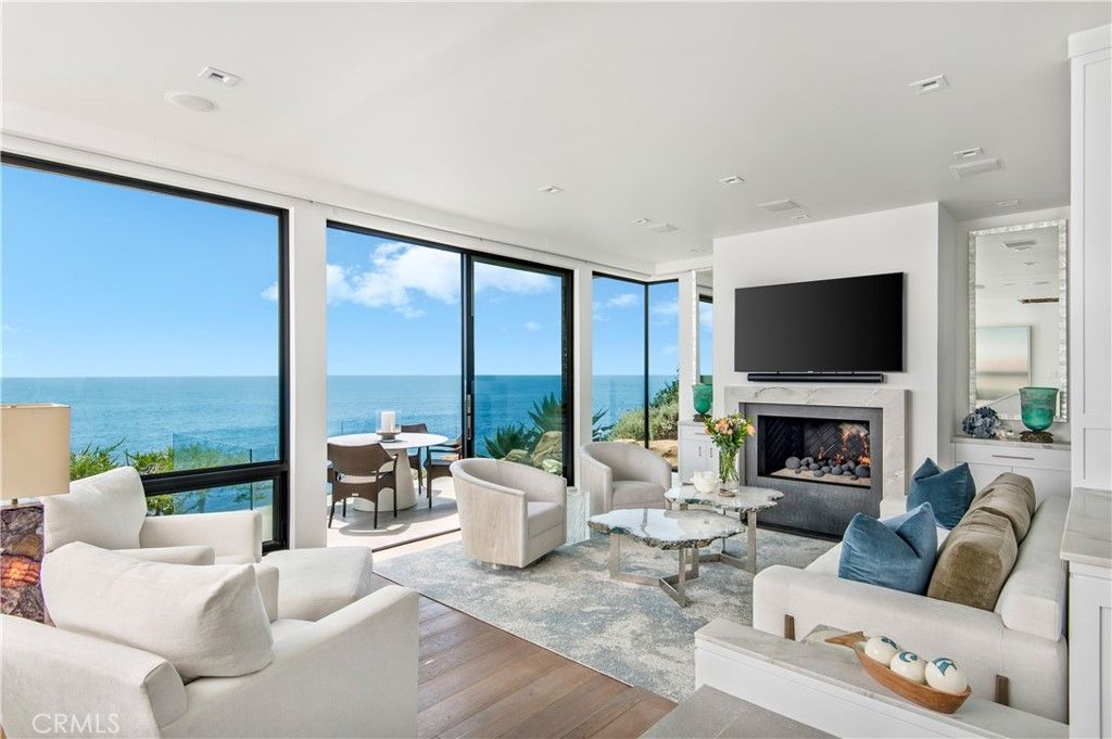 Fireplace, Interior, Living room, Recessed Lighting, Water, Wood Texture Flooring