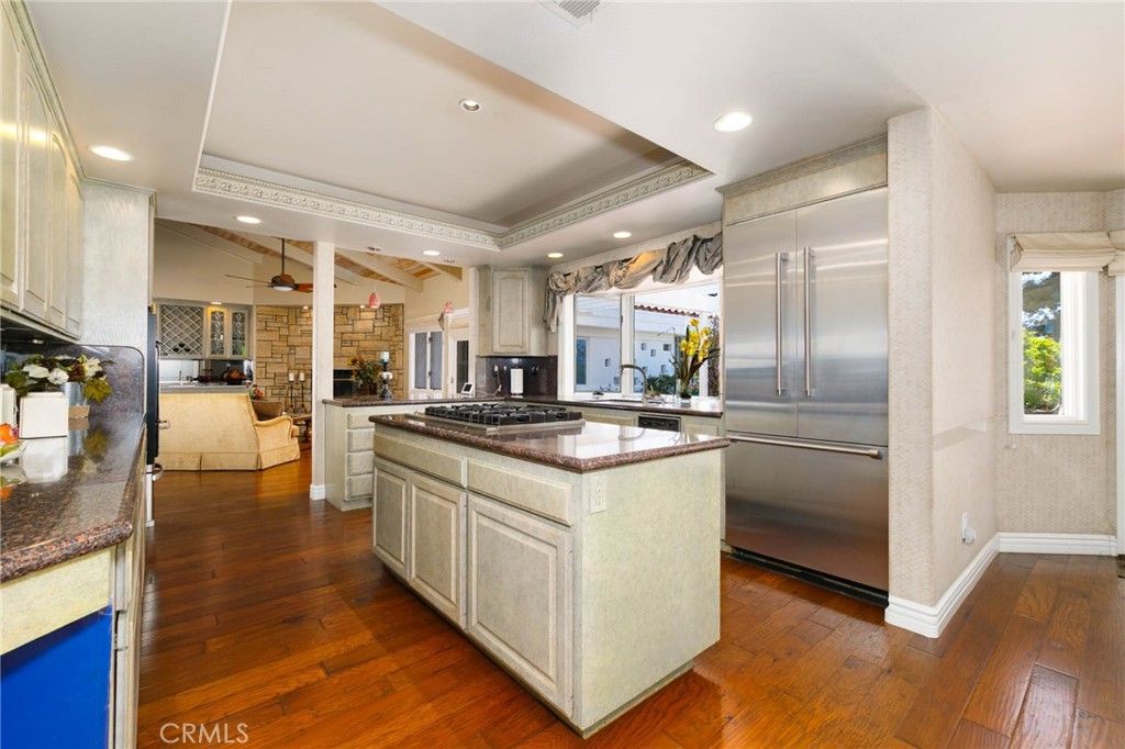 Interior, Kitchen, Recessed Lighting, Stainless Steel Appliances, Stone Walls, Wood Texture Flooring