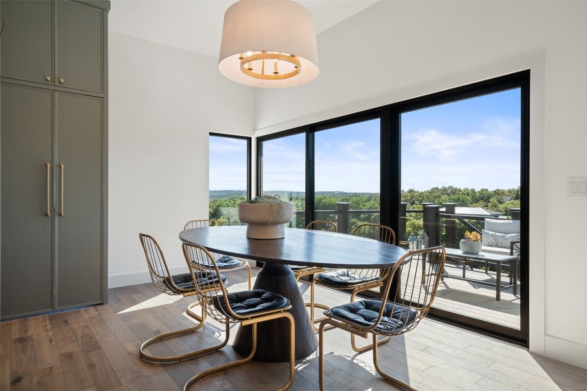 Dining room, Interior, Pendant Lights, Wood Texture Flooring