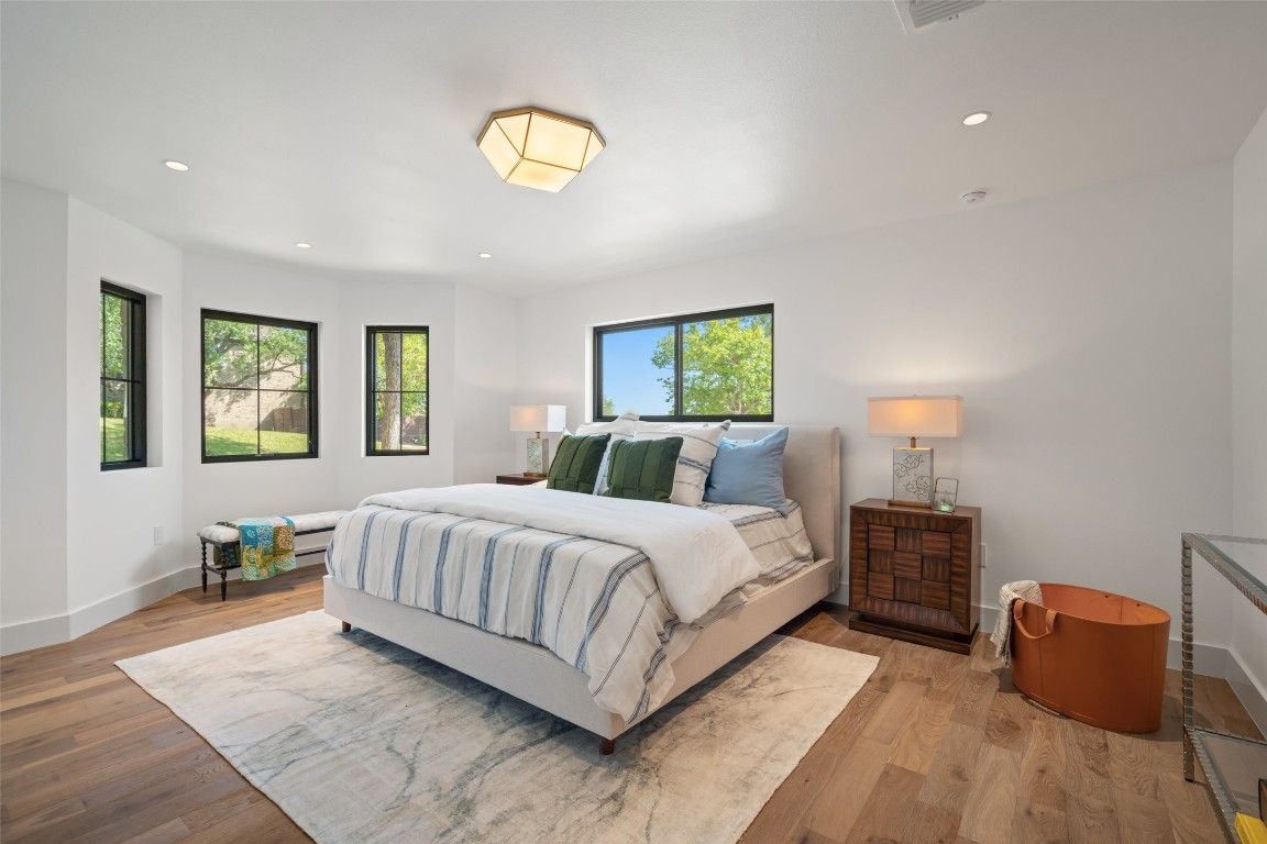 Bedroom, Interior, Recessed Lighting, Wood Texture Flooring