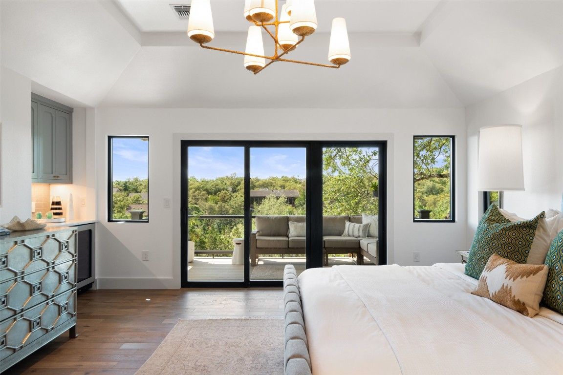 Bedroom, Interior, Pendant Lights, Wood Texture Flooring