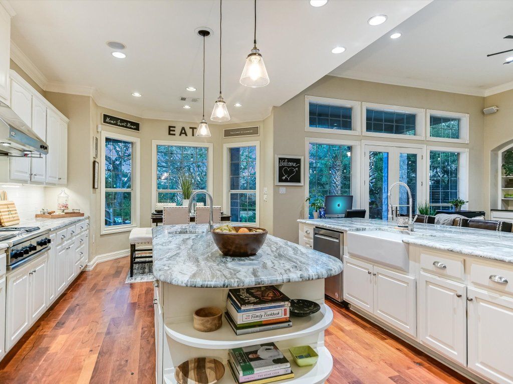 Interior, Kitchen, Pendant Lights, Recessed Lighting, Stainless Steel Appliances, Wood Texture Flooring