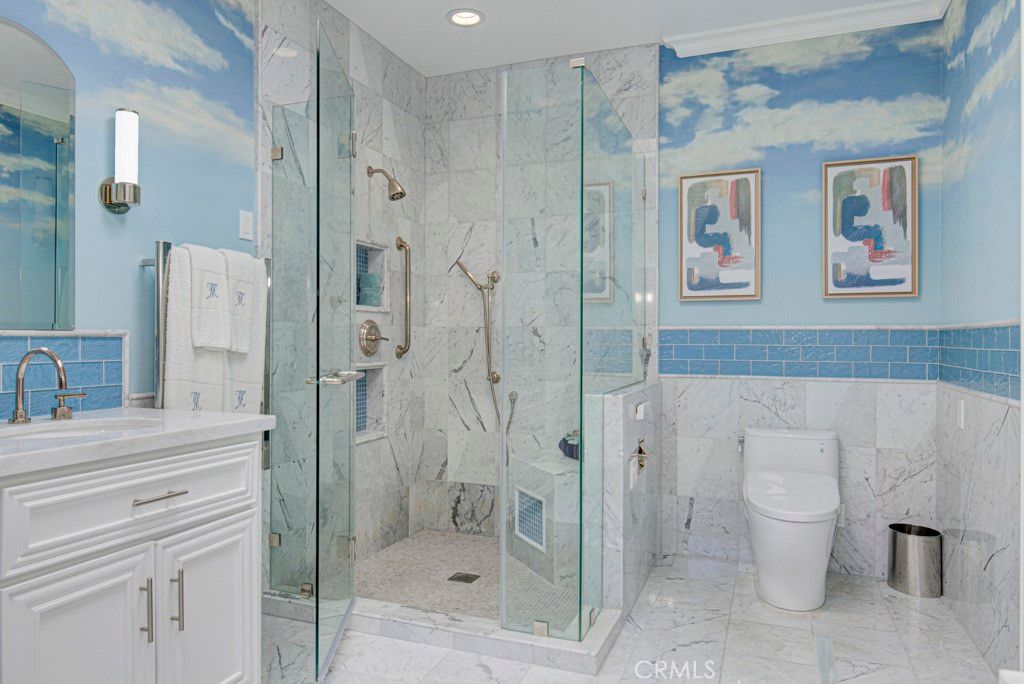 Bathroom, Glass Shower, Interior, Marble, Marble Walls, Recessed Lighting