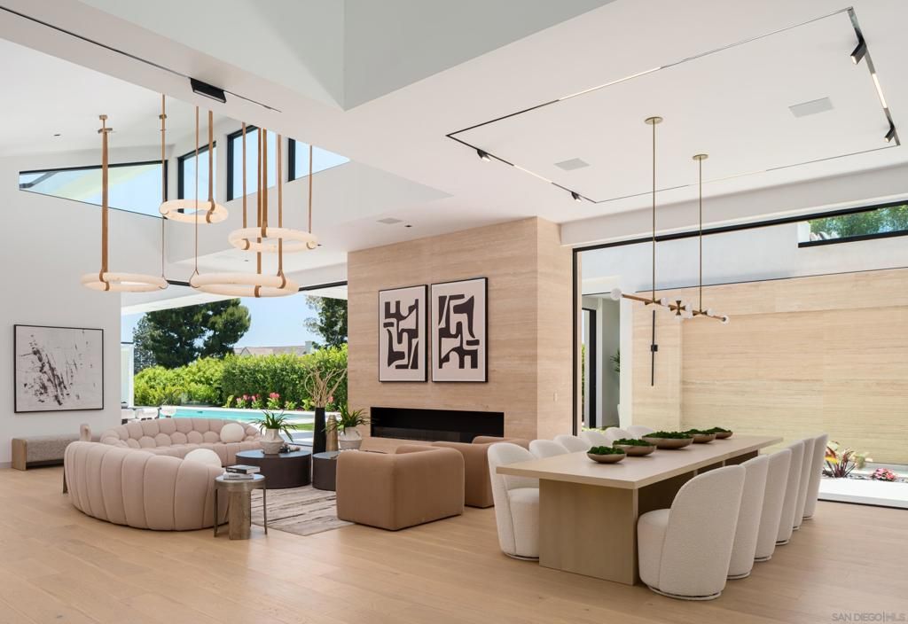 Dining room, Fireplace, Interior, Living room, Pendant Lights, Wood Texture Flooring