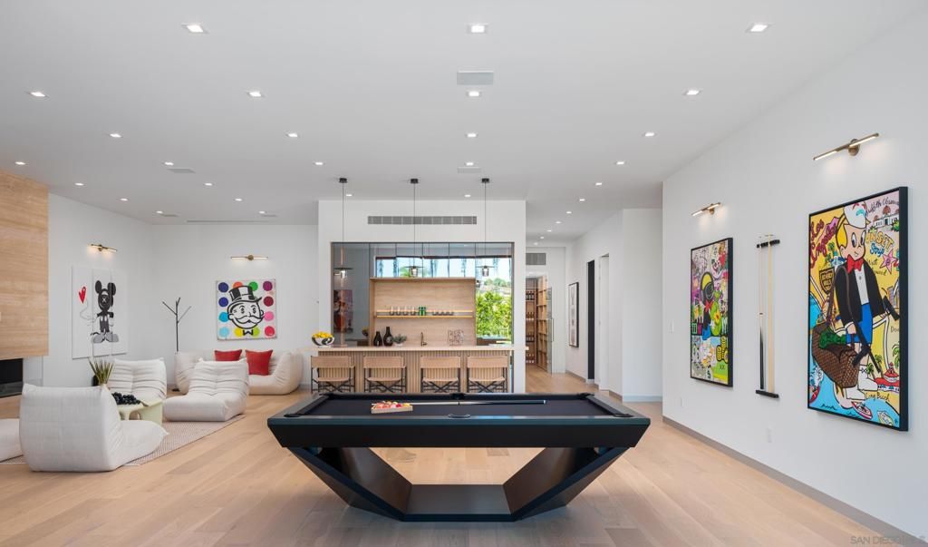 Billiard Table, Game Room, Interior, Pendant Lights, Recessed Lighting, Wood Texture Flooring