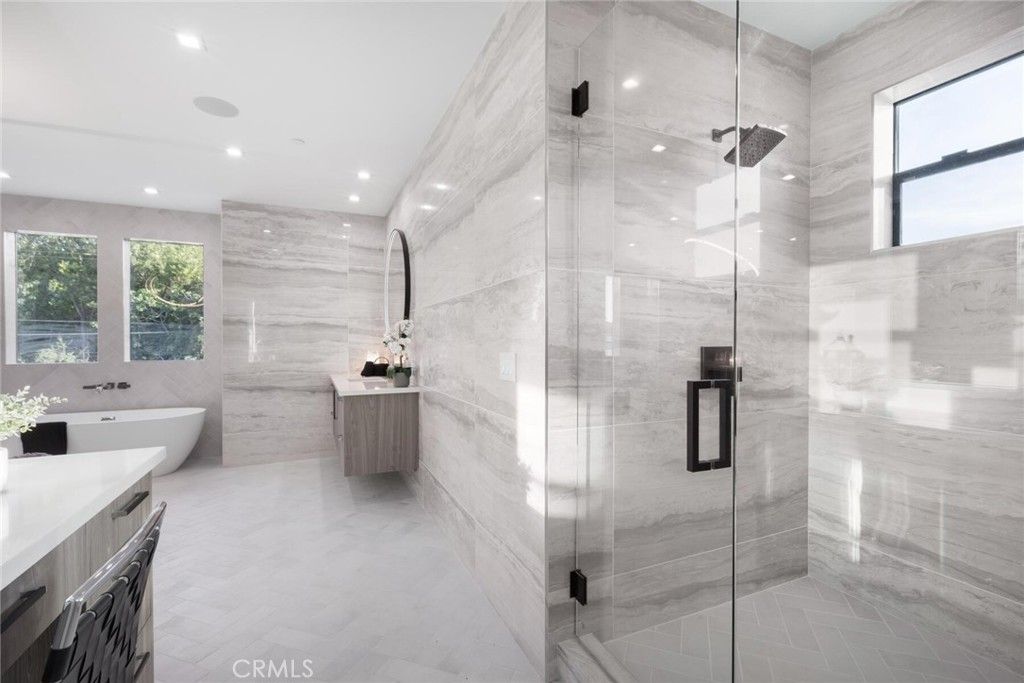 Bathroom, Free Standing Baths, Glass Shower, Interior, Marble Walls, Recessed Lighting