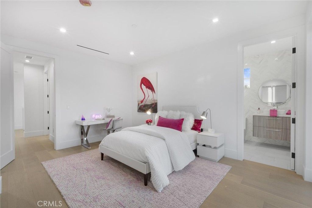 Bedroom, Interior, Marble Walls, Recessed Lighting, Wood Texture Flooring