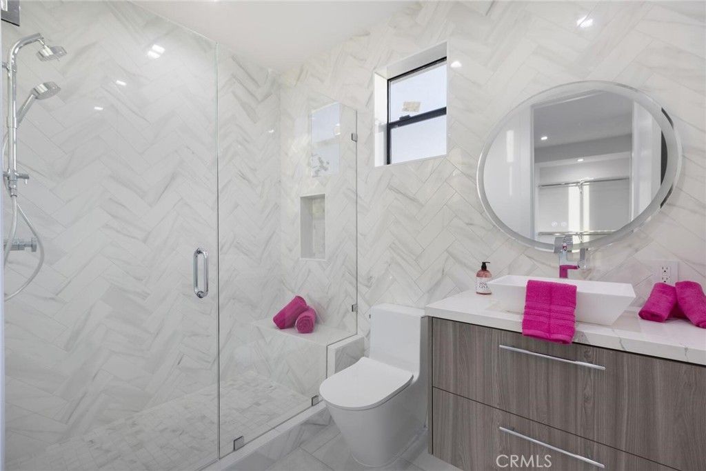 Bathroom, Glass Shower, Interior, Marble Walls, Recessed Lighting