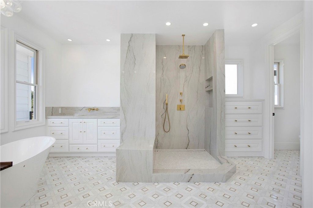 Bathroom, Free Standing Baths, Interior, Marble Walls, Recessed Lighting