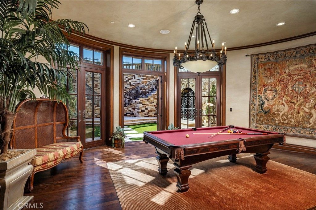 Billiard Table, Game Room, Interior, Pendant Lights, Recessed Lighting, Wood Texture Flooring