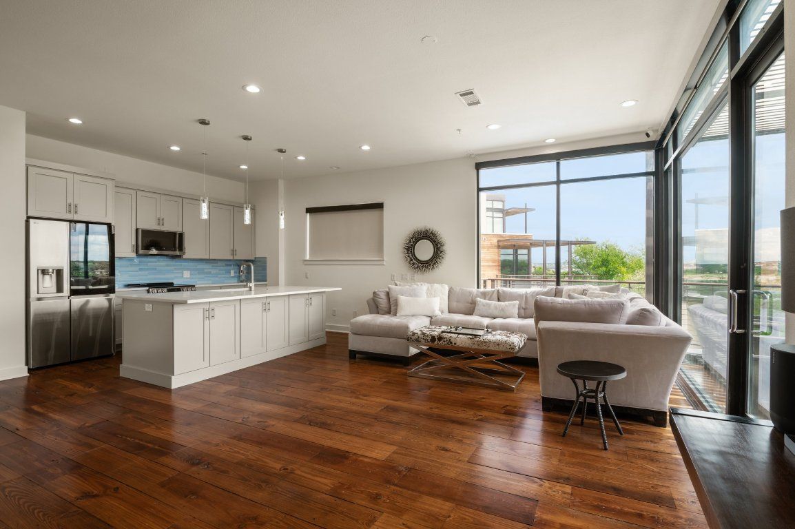 Interior, Kitchen, Living room, Pendant Lights, Recessed Lighting, Stainless Steel Appliances, Wood Texture Flooring