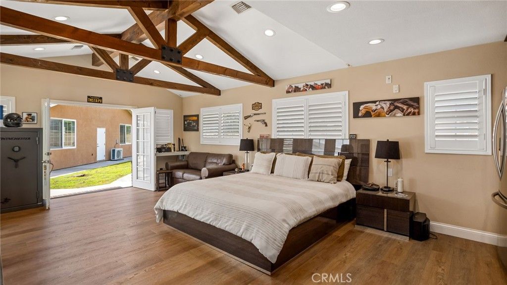 Bedroom, Interior, Recessed Lighting, Wooden Beams, Wood Texture Flooring
