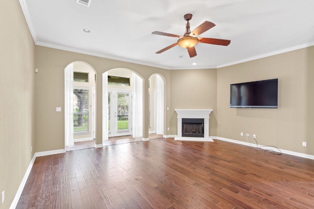 Empty room, Fireplace, Interior, Recessed Lighting, Wood Texture Flooring