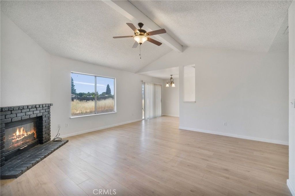 Empty room, Fireplace, Interior, Pendant Lights, Wood Texture Flooring