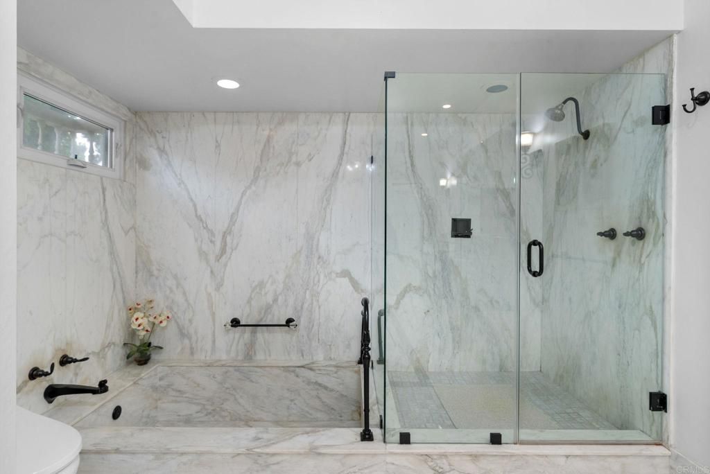 Bathroom, Glass Shower, Interior, Marble, Marble Walls, Recessed Lighting