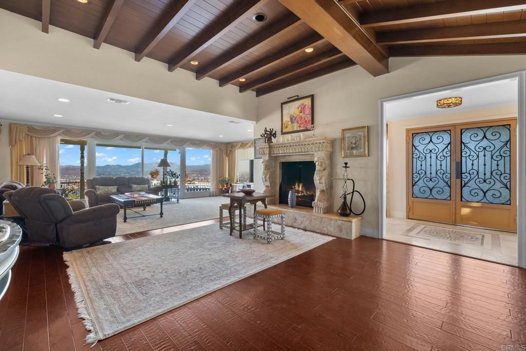 Fireplace, Interior, Living room, Recessed Lighting, Wooden Beams, Wooden Ceilings, Wood Texture Flooring