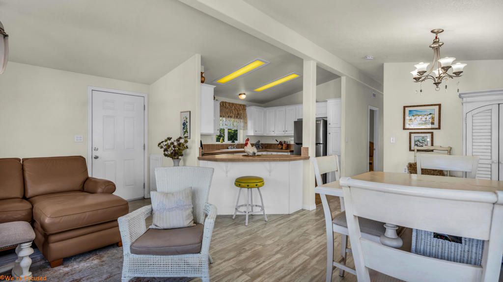 Chandelier, Interior, Kitchen, Living room, Stainless Steel Appliances, Wood Texture Flooring