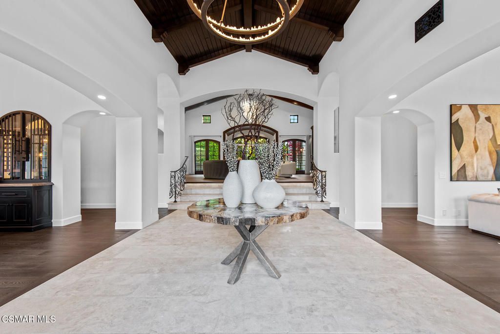 Chandelier, Interior, Recessed Lighting, Wooden Beams, Wood Texture Flooring