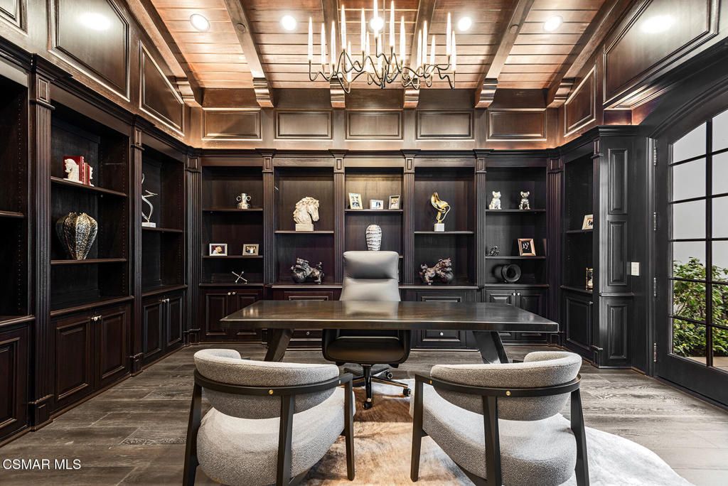 Chandelier, Home Office, Interior, Recessed Lighting, Wooden Beams, Wooden Ceilings, Wood Texture Flooring, Wooden Walls