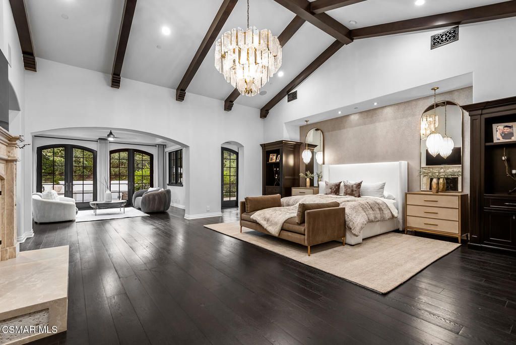 Bedroom, Chandelier, Interior, Recessed Lighting, Wooden Beams, Wood Texture Flooring