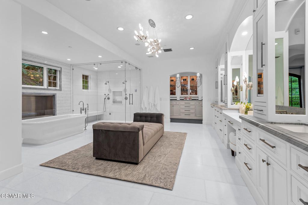 Bathroom, Dual Sink Vanities, Glass Shower, Interior, Pendant Lights, Recessed Lighting