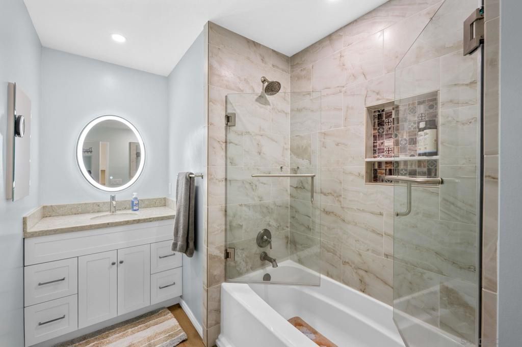 Bathroom, Glass Shower, Interior, Recessed Lighting, Wood Texture Flooring
