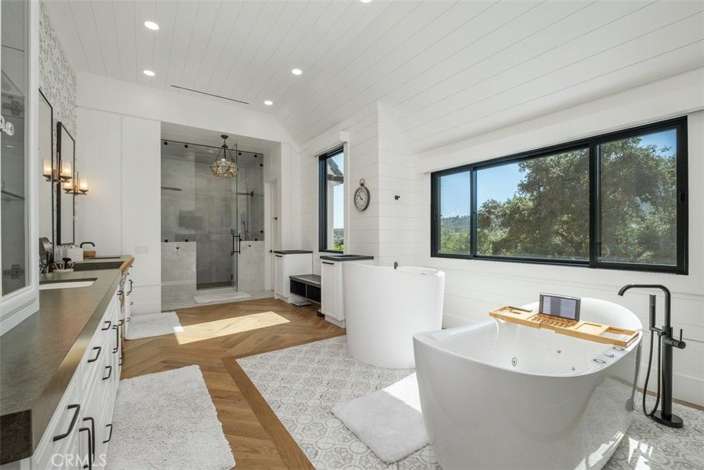 Bathroom, Free Standing Baths, Glass Shower, Interior, Recessed Lighting, Wood Texture Flooring