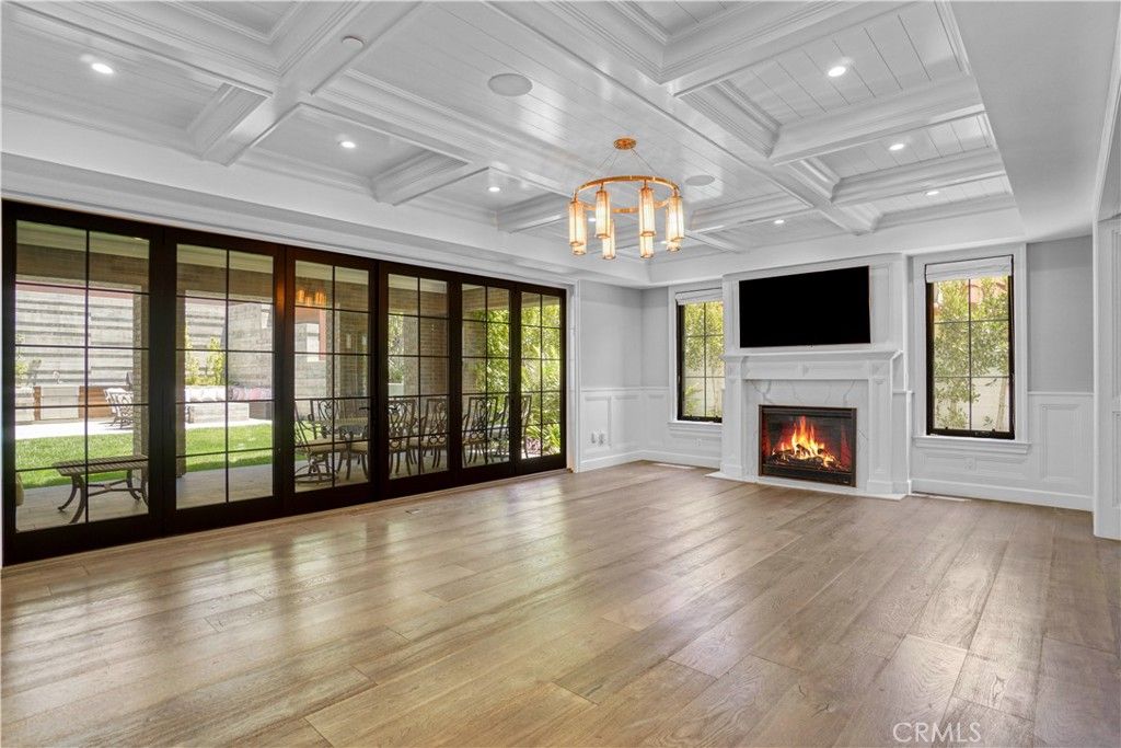 Empty room, Fireplace, Interior, Pendant Lights, Recessed Lighting, Wood Texture Flooring
