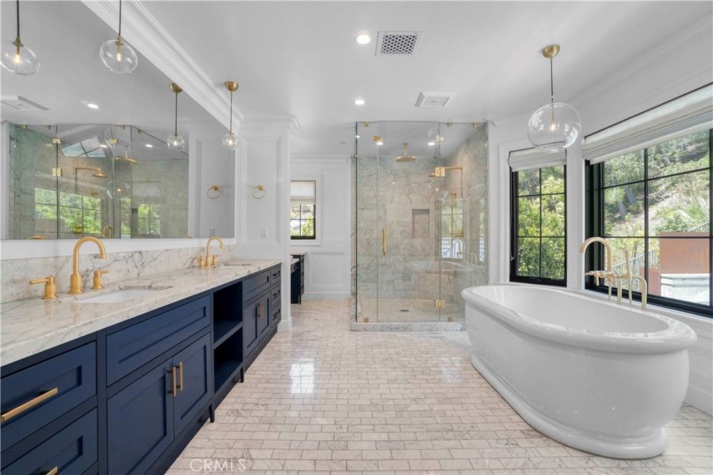 Bathroom, Dual Sink Vanities, Free Standing Baths, Glass Shower, Interior, Marble Walls, Pendant Lights, Recessed Lighting