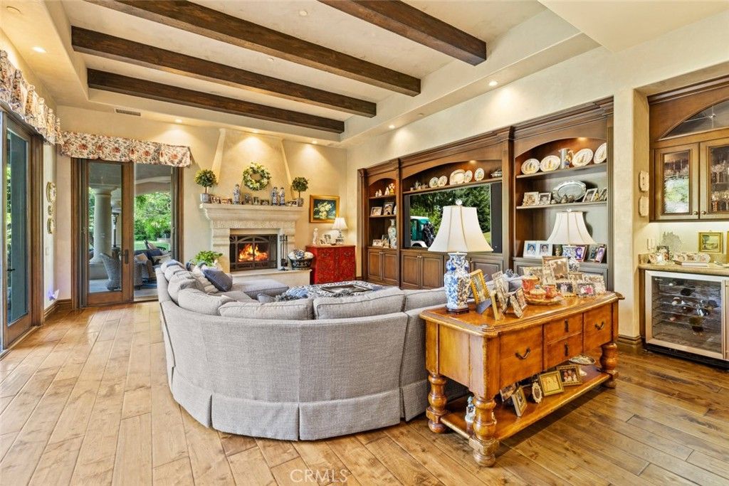 Fireplace, Interior, Living room, Recessed Lighting, Wooden Beams, Wood Texture Flooring