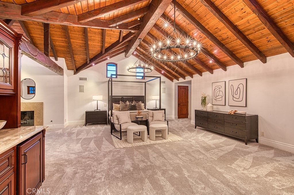 Bedroom, Chandelier, Fireplace, Interior, Wooden Beams, Wooden Ceilings