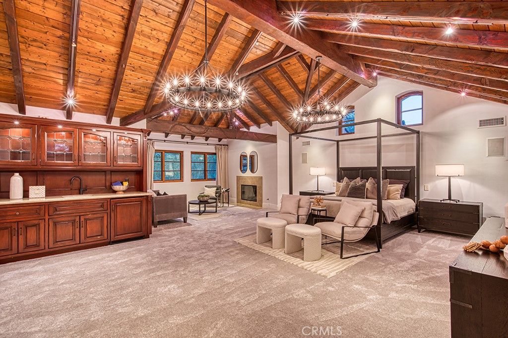 Bedroom, Chandelier, Fireplace, Interior, Wooden Beams, Wooden Ceilings