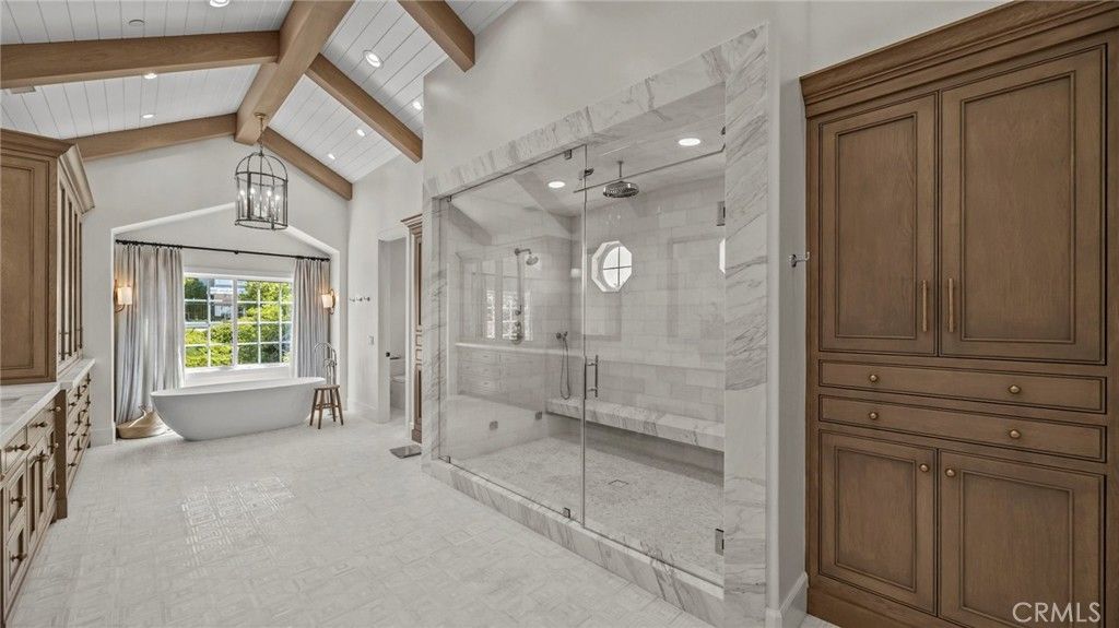 Bathroom, Free Standing Baths, Glass Shower, Interior, Pendant Lights, Recessed Lighting, Wooden Beams, Wooden Ceilings