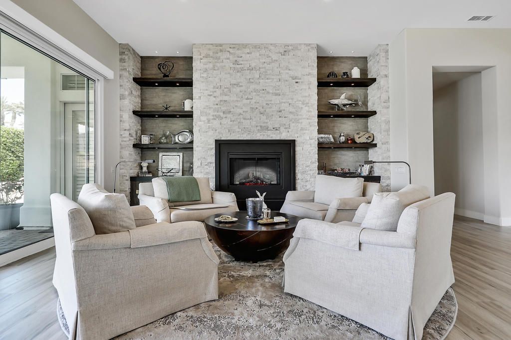 Fireplace, Interior, Living room, Recessed Lighting, Stone Walls, Wood Texture Flooring