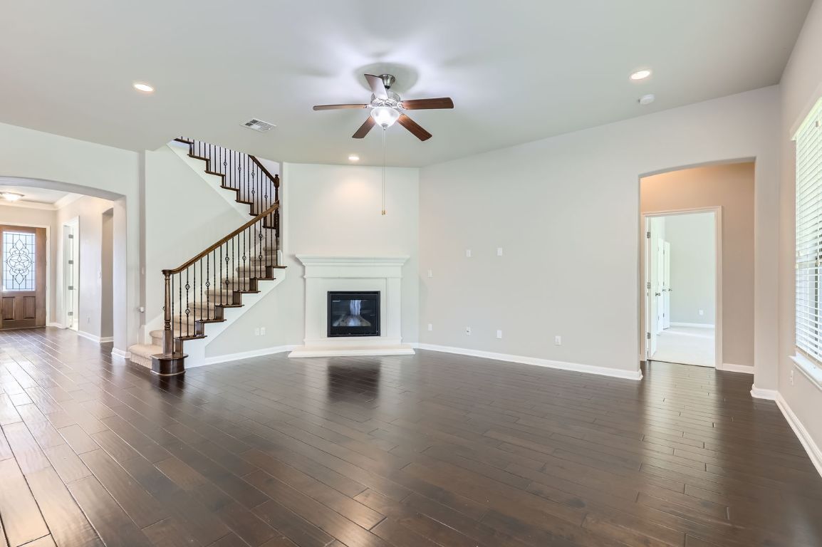 Empty room, Fireplace, Interior, Recessed Lighting, Wood Texture Flooring