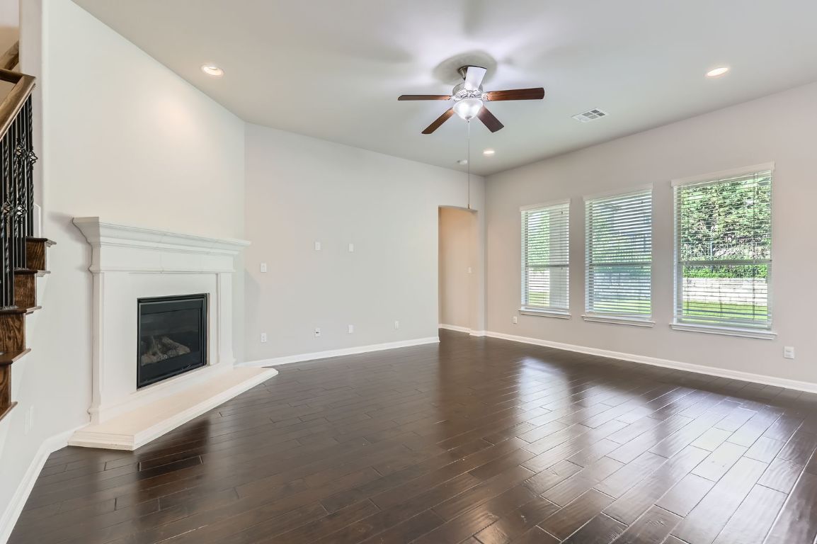 Empty room, Fireplace, Interior, Recessed Lighting, Wood Texture Flooring