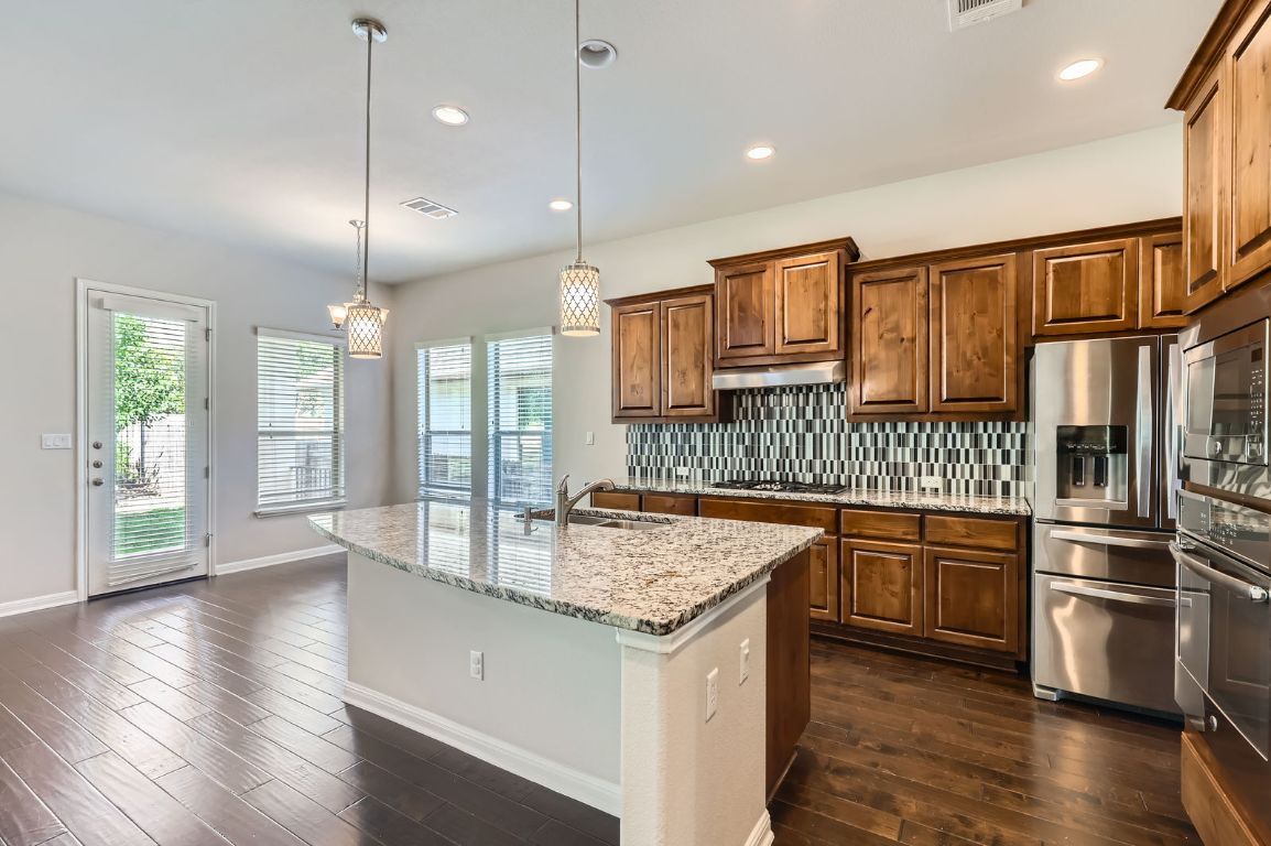 Interior, Kitchen, Pendant Lights, Recessed Lighting, Stainless Steel Appliances, Wood Texture Flooring