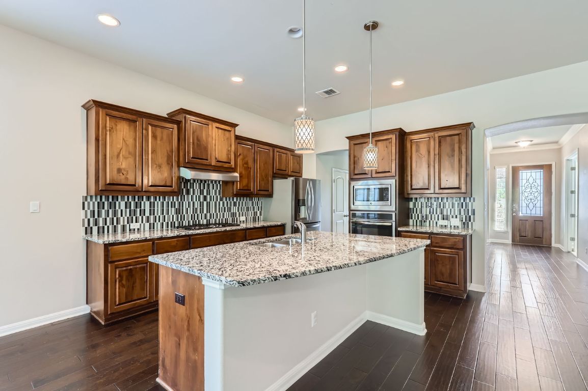 Interior, Kitchen, Pendant Lights, Recessed Lighting, Stainless Steel Appliances, Wood Texture Flooring