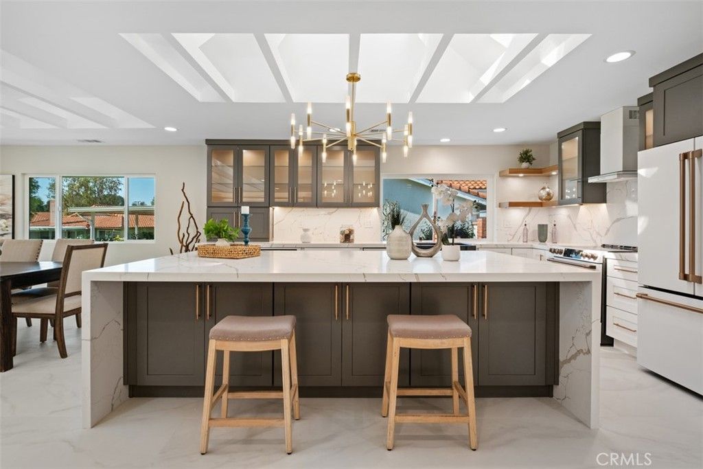 Interior, Kitchen, Marble, Marble Walls, Pendant Lights, Recessed Lighting, Stainless Steel Appliances