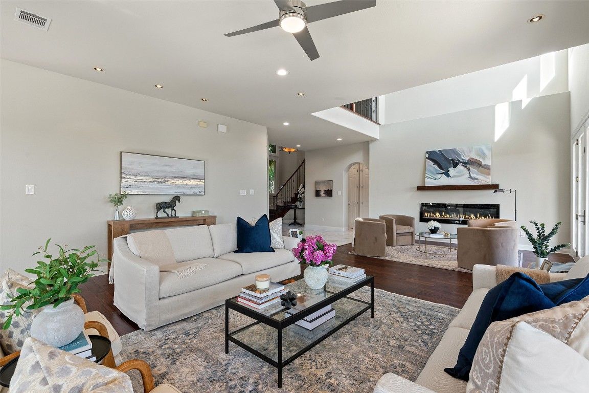 Fireplace, Interior, Living room, Recessed Lighting, Wood Texture Flooring
