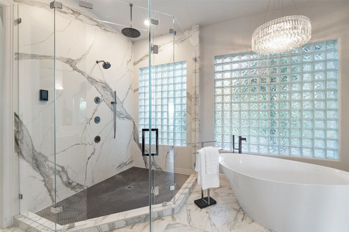 Bathroom, Free Standing Baths, Glass Shower, Interior, Marble, Marble Walls, Pendant Lights