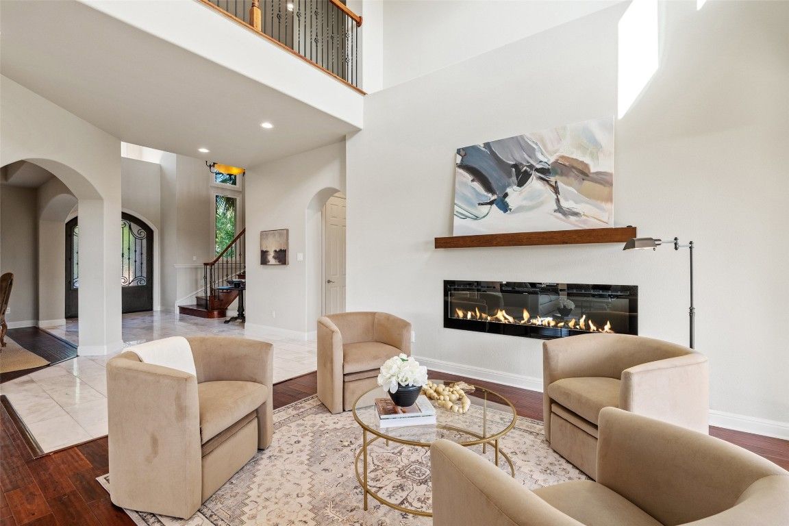 Fireplace, Interior, Living room, Recessed Lighting, Wood Texture Flooring