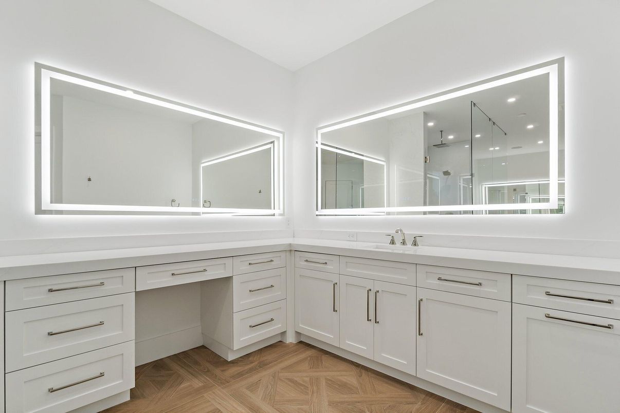 Bathroom, Dual Sink Vanities, Interior, Recessed Lighting, Wood Texture Flooring